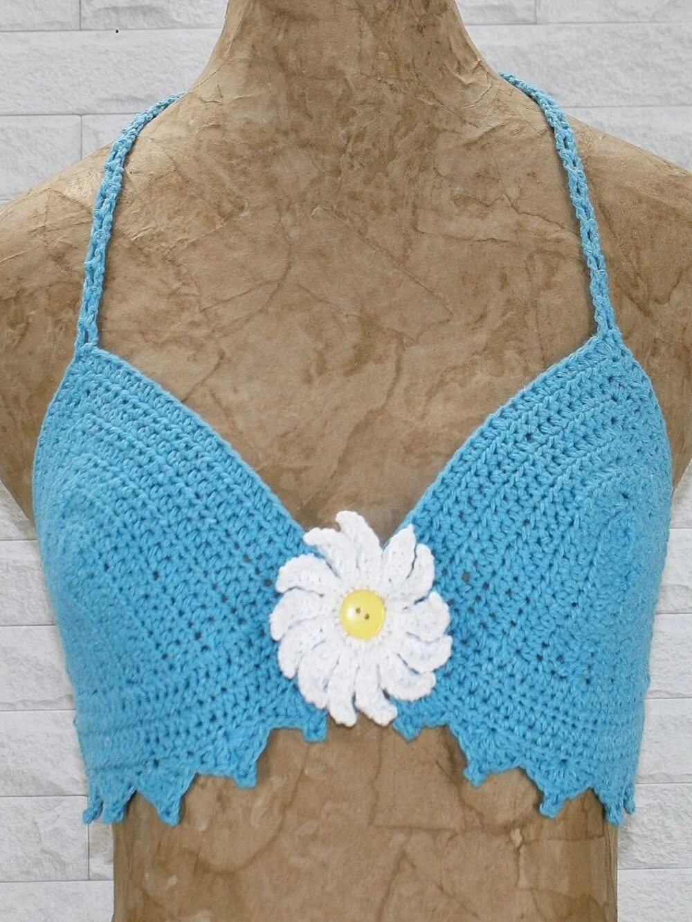 HAND CRAFTED Crop Top Halter Bikini Crochet Flower Power Spring Daisy Turquoise - Picture 1 of 13